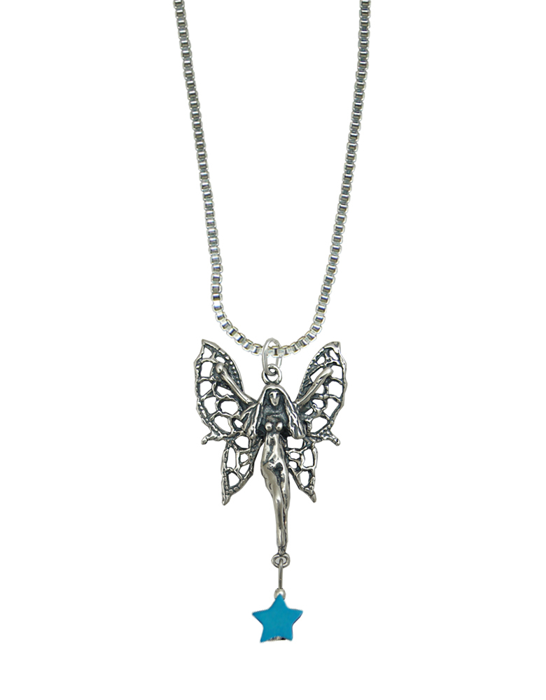 Sterling Silver Filigree Flying Fairy Pendant With Lucky Blue Star